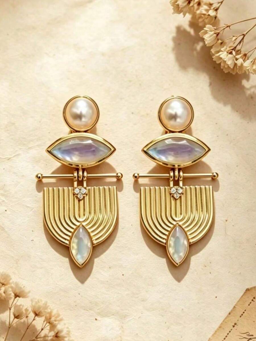 1 Pair Vintage Elegant Geometric Moonstone & Pearl Design Pendant Earrings, Suitable For Women's Daily, Party, Travel Wear Jewelry Gift - Yellow Gold - View 1