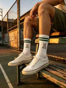 5 Pasang Kaos Kaki Pria Motif Kartun Jacquard Kelinci Lucu, Panjang Setengah Betis, Desain Garis Kontras, Kaos Kaki Serbaguna untuk Pemakaian Sehari-hari - MultiWarna - View 1