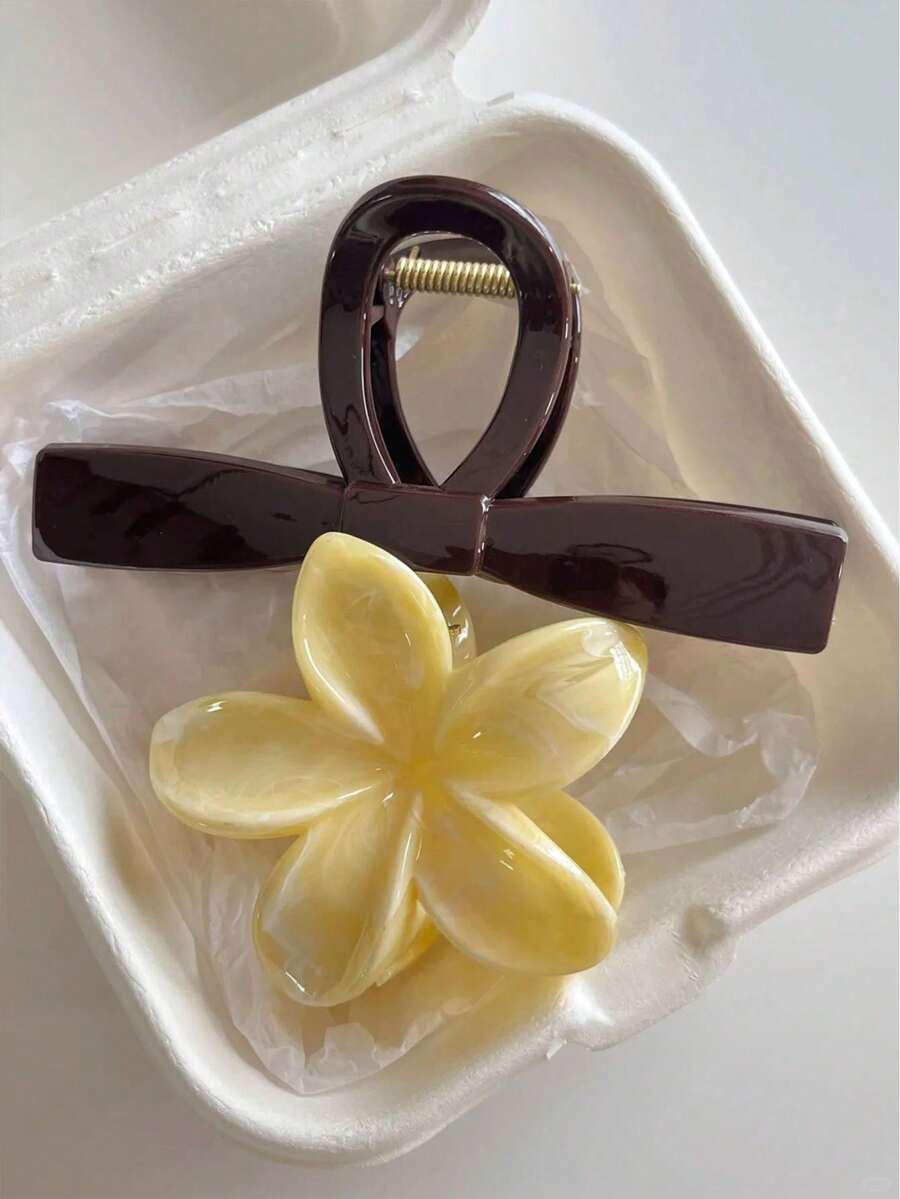2件/1件 女款壓克力棕色與黃色大理石紋路木槿花與鯊魚髮夾,極簡時尚設計,後腦髮髻夾,夏季海灘旅行度假夏威夷風配件,適合日常使用 - 彩色 - 查看 1