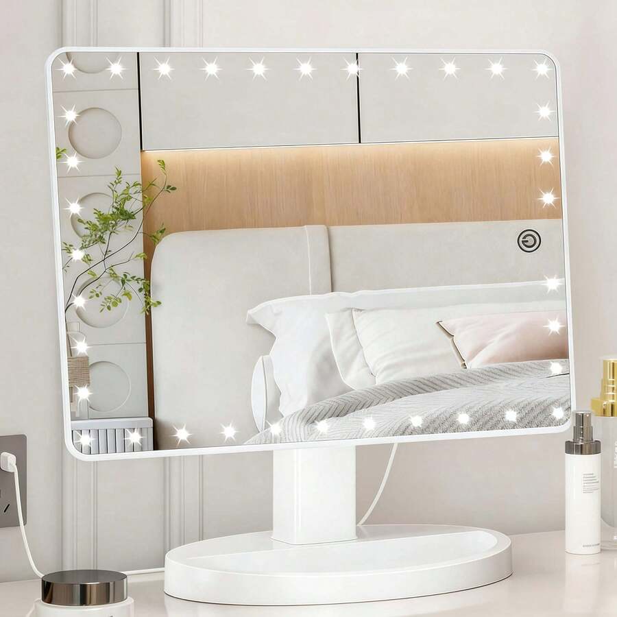 1 piece large illuminated makeup mirror, Type C rechargeable makeup mirror, equipped with 16 LED lights,ABS base is sturdy and durable, the base groove can be used as a tray for organizing cosmetics,has a 360-degree rotating touch screen and a desktop makeup mirror with adjustable brightness,portable makeup mirror