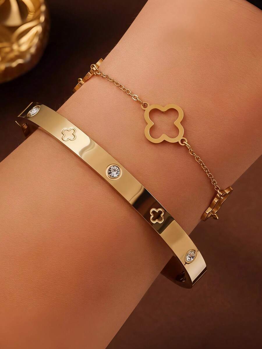 2Pcs/Set Stainless Steel Women's Lucky Clover And Heart Bracelet Set Shiny Zirconia Charm Party Jewelry Gift - Gold - View 1