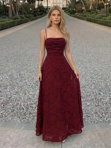 NOVELLE 女款性感優雅細肩帶露背收腰長洋裝，適合度假、派對與下午茶 - 酒紅色 - 查看 7