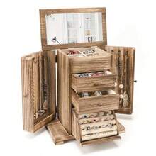 4 Layer Jewelry Organizer Box Display For Rings Earrings Necklaces Rustic Wooden Jewelry Boxes & Organizers With Mirror - Brown - View 8