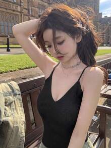 性感風女款 V 領針織背心，夏季內搭外穿百搭短版無袖打底上衣，黑色 - 黑色 - 查看 5
