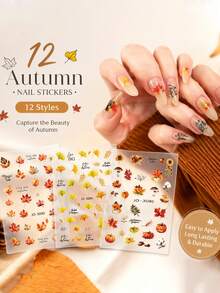 12 Sheets Limited Edition Autumn Maple Leaf Nail Stickers Fall Halloween Thanksgiving Self Adhesive Nail Decals DIY Manicure Decor - Multicolor - View 2
