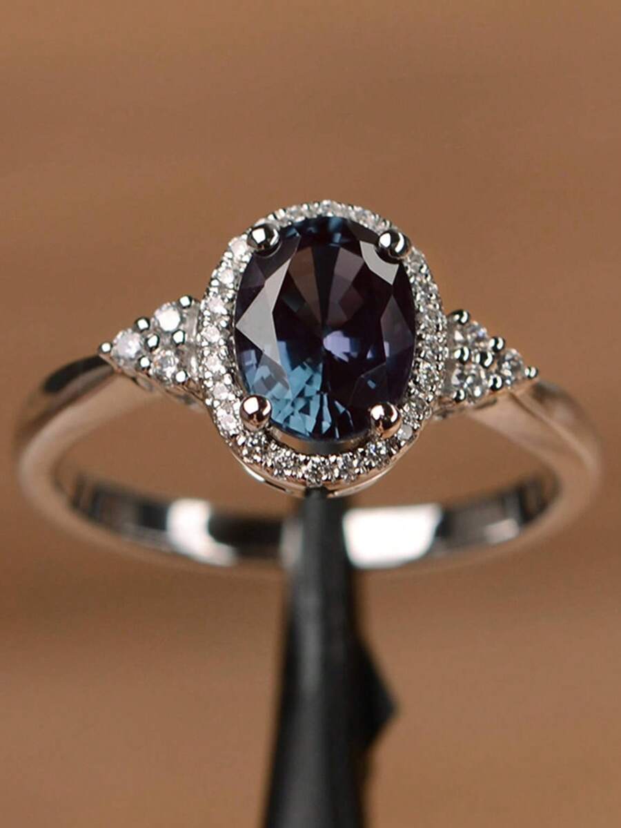 1pc Elegant Oval Cubic Zirconia Ring - Symbol Of Eternal Love, Promise Ring, Sophisticated Party Jewelry - Navy Blue - View 1