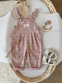 Baby Girl Pink Ditsy Floral Overalls, Adjustable Shoulder Straps, Vintage Versatile - Pink - View 16