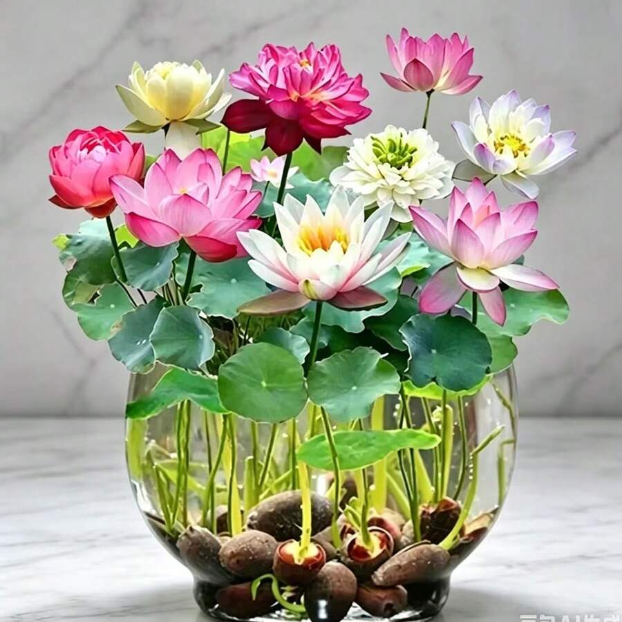 1件裝 蓮花水百合居家園藝植物 多色混色迷你蓮花 壓克力平面印刷手工藝品 花園裝飾品 家居裝飾