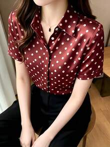 波點印花短袖成熟港風緞面襯衫 - 酒紅色 - 查看 7