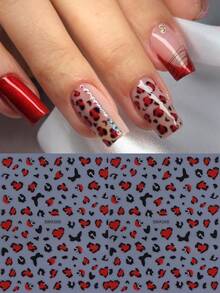 2 Peças Adesivos de Unha 3D Coração Vermelho Estampa de Leopardo, Padrão de Coração com Manchas de Leopardo Preto, Decalques de Unha Autoadesivos, Decoração de Arte de Unha Gótica Doce Selvagem Y2K Legal, Adequado para Suprimentos de Unha DIY de Outono - Multicolorido - Visão 3