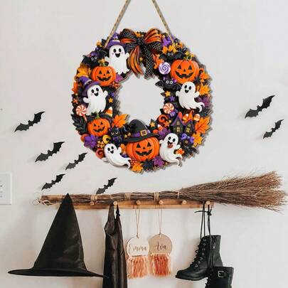 1pc Halloween Front Door Wreath, Cute Ghost Pumpkin Bat Haunted House Autumn Door Wreath, With Orange Purple Bows Maple Leaves Candy Decor, Spooky Halloween Home Wall Hanging Decoration, Suitable For Porch Indoor Outdoor Party Decor
