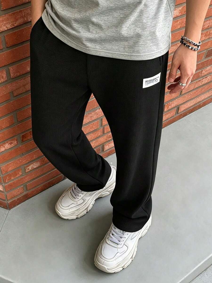 1件装 男童休闲华夫格直筒裤,运动户外校园风,春秋季 - 黑色 - 查看 1