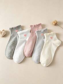 1/5 Pairs Women's Ruffle Edge Heart Solid Color Short Socks, Sweat-Absorbent Breathable Casual Socks, Suitable For Daily Wear, Sports, Back To School Season - Multicolor - View 3