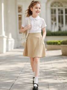 Rok Seragam Sekolah Anak Perempuan Remaja Nyaman, Rok A-Line Twill dengan Saku, Gaya Kampus Serbaguna - Khaki - View 1