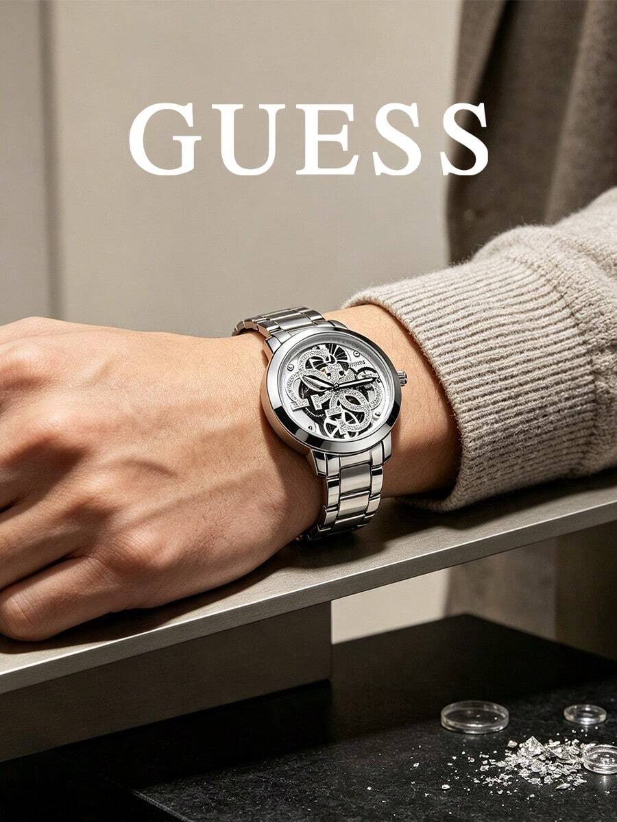 GUESS Hollow Skeleton Quartz Watch For Women, Rhinestone Four G Logo Dial Stainless Steel Bracelet Wristwatch, Luxury Silver Waterproof Fashion Dress - Silver - View 1