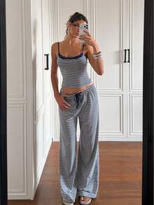 Minimalist Camisole Top And Drawstring Waist Sweatpants Set - Royal Blue - View 7