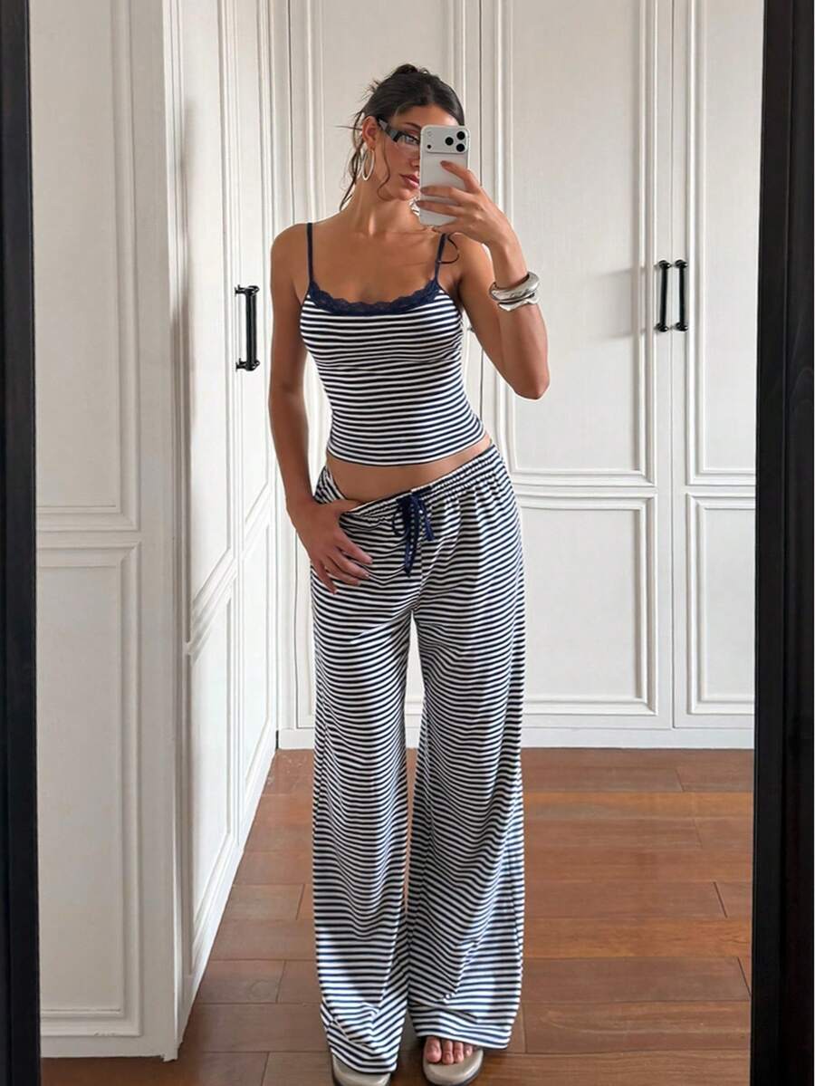 Women's Minimalist Camisole And Drawstring Waist Sweatpants Set, Elastic Slim Fit Flattering Casual Loungewear Fashion Set Elegant Summer - Royal Blue - View 1