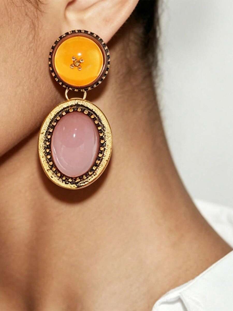 Simple Design Geometric Resin Alloy Earrings, Casual And Fashionable, Small And Exclusive Women's Jewelry. - Multicolor - View 1