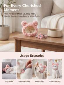 4pcs/Set Plush Bear Ear Pet Hat 2pcs + Flower Bell Collar 2pcs, Cute Photo Props Accessory Set For Cats And Dogs - Multicolor - View 6