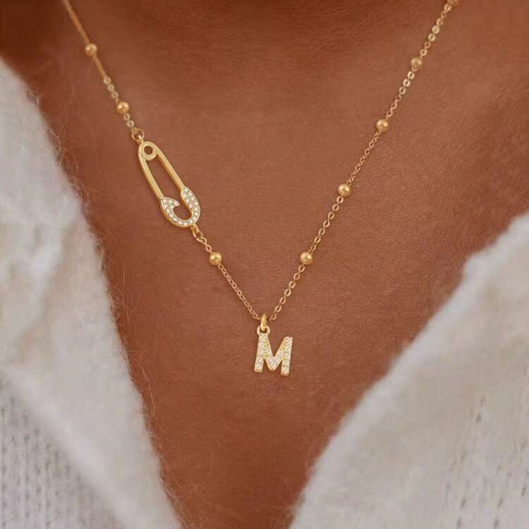 1pc New Classic Initial Pin Golden Stainless Steel Bead Chain Necklaces For Women - Yellow Gold - View 1