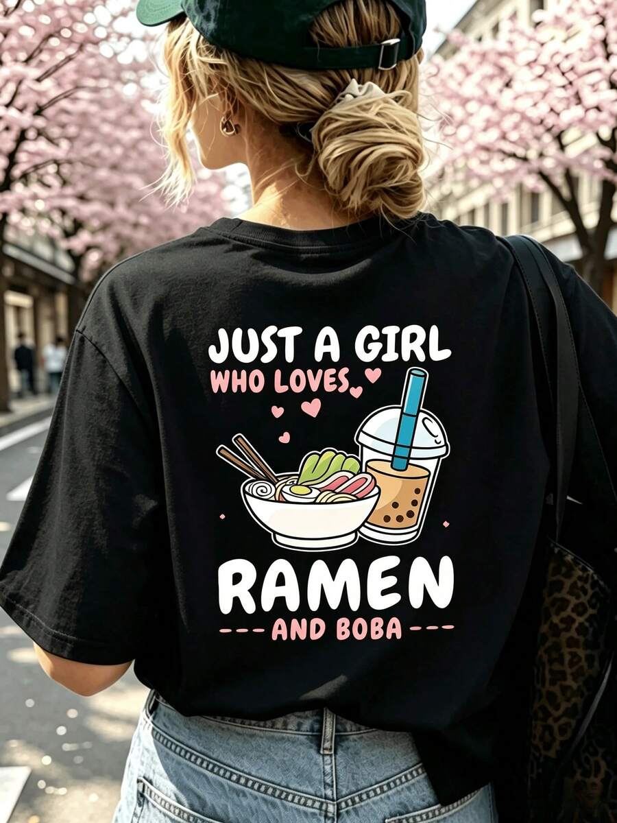 Short-Sleeved T-Shirt With Front And Back Prints - Perfect For Ramen Lovers And Bubble Tea Enthusiasts - A Choice For Women In Spring And Summer! - style1 - 查看 1