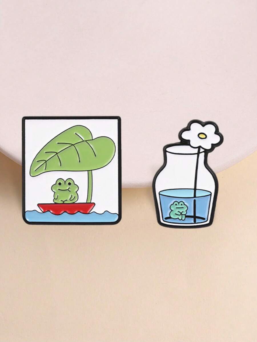 2件組可愛青蛙琺瑯胸針，玻璃花瓶裡的卡通青蛙與船上的青蛙，衣物背包時尚配件，適合送給青蛙愛好者的禮物