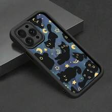 Blue Starry Sky Full Print Black Cat Moon & Stars Phone Case, Black Frame Healing Cartoon Cat Full Coverage Lens Protection Anti-Drop TPU Soft Shell, Compatible With Apple & Android Models, Shockproof & Comfortable Grip, Perfect For Daily Use, Great Gift For Couples & Women, Perfect Birthday Gift For Partner, Fashionable Creative New Design - Black - View 3