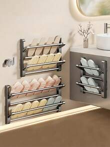 No-Drill Wall-Mounted Slippers Rack, Aluminum Foldable Double-Layer Shoe Rack With Drainage Holes, Bathroom Storage Solution, Home Shoe Rack, Hanging Shoe Rack, Suitable For Small Spaces, Apartment Living, Bathroom Storage, Ideal Choice For Home And Renters - Grey - View 2