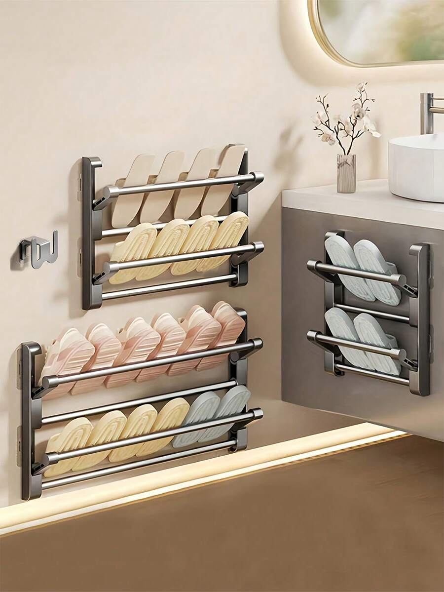 No-Drill Wall-Mounted Slippers Rack, Aluminum Foldable Double-Layer Shoe Rack With Drainage Holes, Bathroom Storage Solution, Home Shoe Rack, Hanging Shoe Rack, Suitable For Small Spaces, Apartment Living, Bathroom Storage, Ideal Choice For Home And Renters