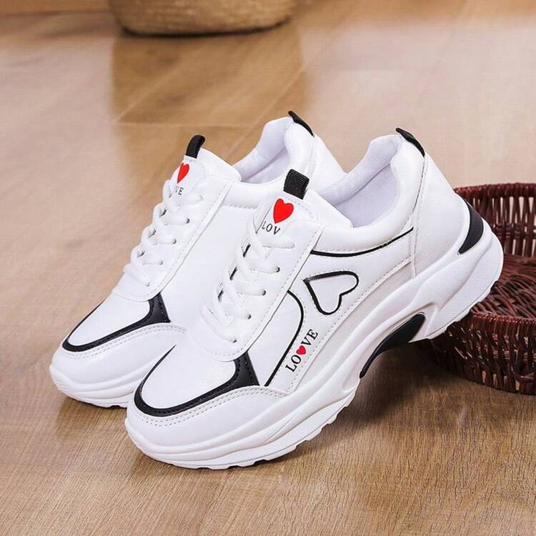 QRLQHY Women's Casual Mesh Lace-Up Thick Sole Running & Travel Sneakers, Comfortable Low-Top Chunky Sneakers, Suitable For Spring And Autumn - Black Leather - View 3