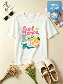 SURF LEMON Vibrant Wave Ocean Print Cotton Short Sleeve T-Shirt Beach Summer Party Apparel - 白色 - 查看 1