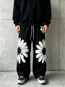 All-Over White Daisy Floral Print Drawstring Elastic Waist Wide Leg Sweatpants, Loose Comfortable Casual Streetwear Long Pants - Black - View 1