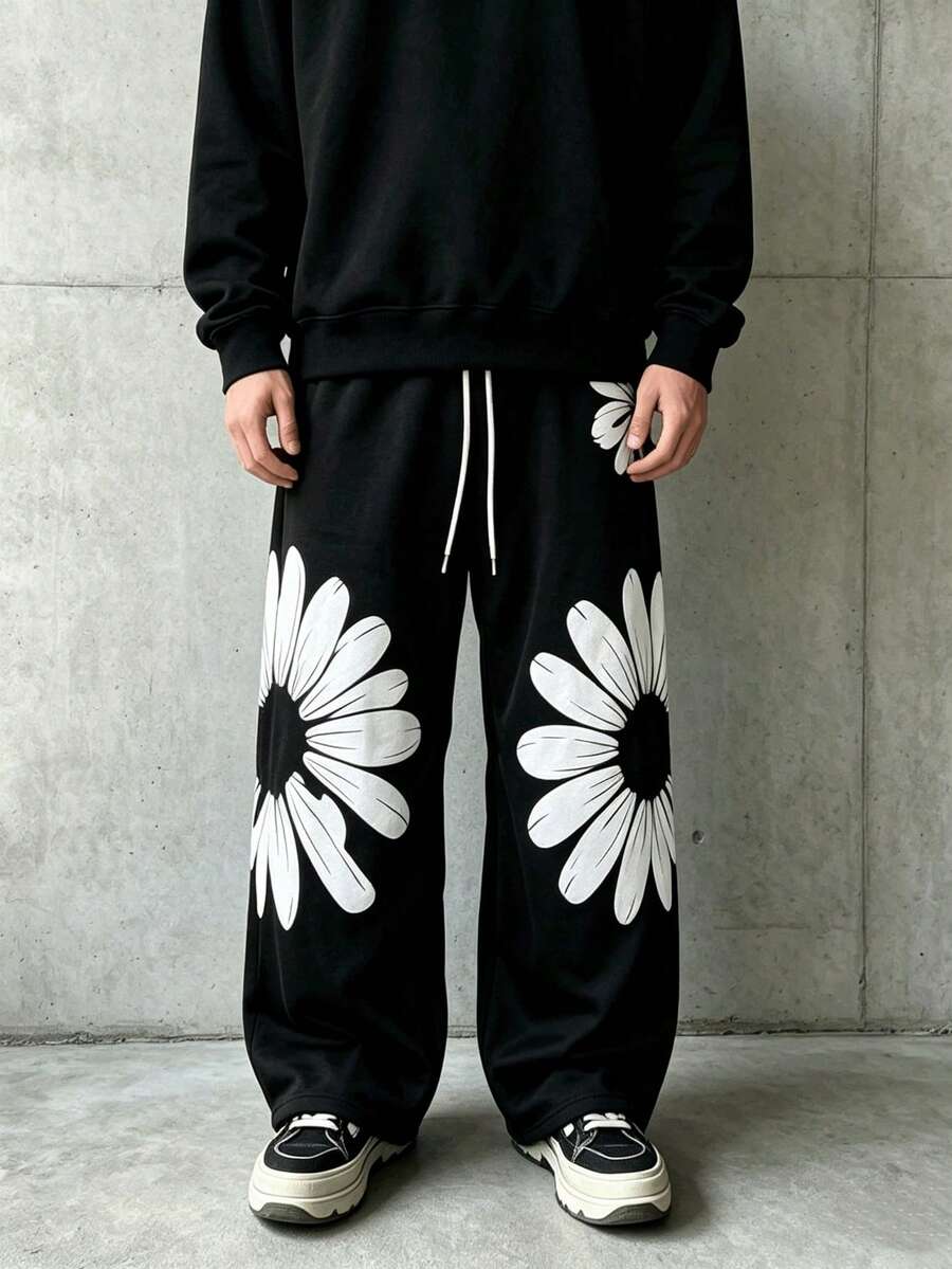 All-Over White Daisy Floral Print Drawstring Elastic Waist Wide Leg Sweatpants, Loose Comfortable Casual Streetwear Long Pants - Black - View 1