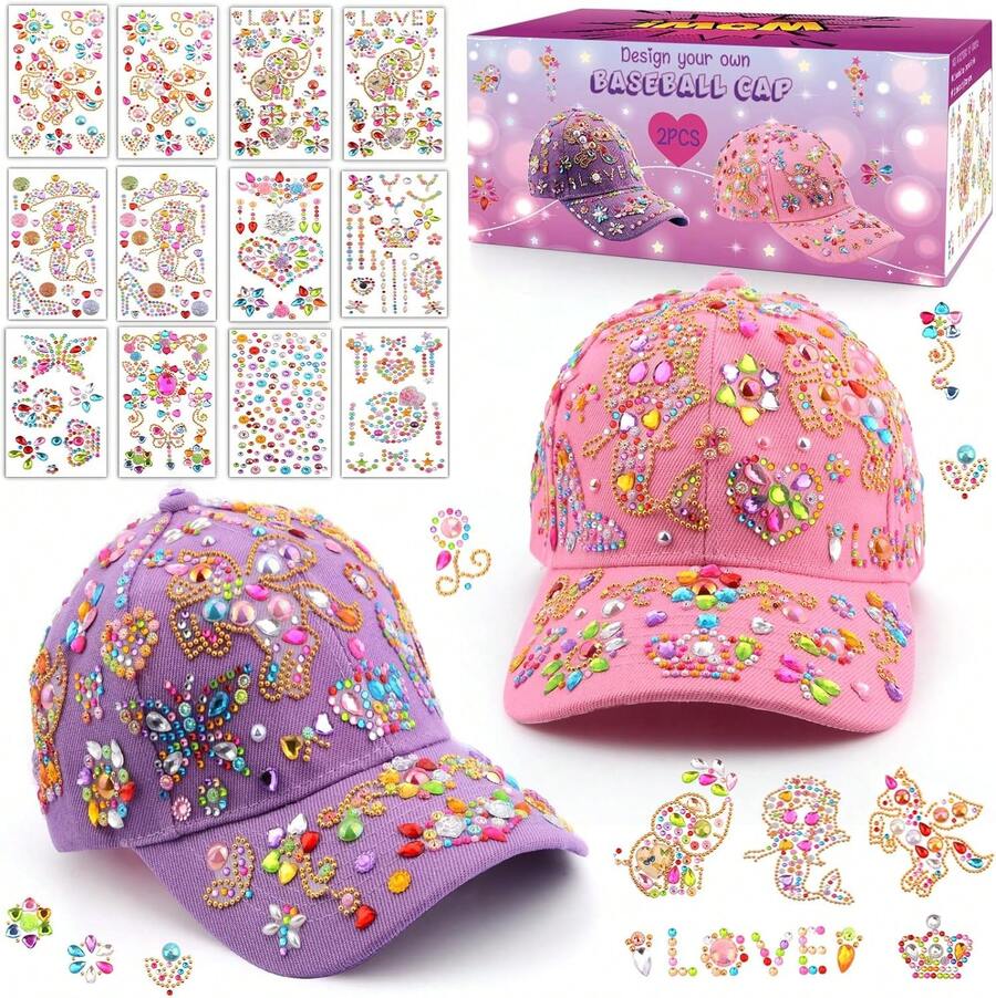 Decorate Your Own Baseball Cap Gifts For Girls 5 6 7 8 9 10 11 12 Year Old, Fun Arts And Crafts Kit For Kids 4-6, DIY Hats With 12 Gem Stickers, Back To School Birthday Gifts For Girls Teen Girls 4-12
