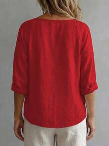 Plus Size Women's Solid Color Button Design Half-Open Front Shirt Comfortable For Daily Wear Red - Red - View 2