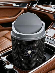 1pc Mini Desktop Storage/Car Trash Can With Lid, Makeup Brush Holder; Exquisite Home Decor; Stationery Storage; Decorated With Diamond Flower; Luxury Diamond Desktop Storage; Cylindrical Trash Can, Suitable For Home, Office, Kitchen, Bedroom, Dressing Table. Home Decor, Dressing Table And Other Daily Necessities, Back To School Season Must-Have. Camping Must-Have - Multicolor - View 15