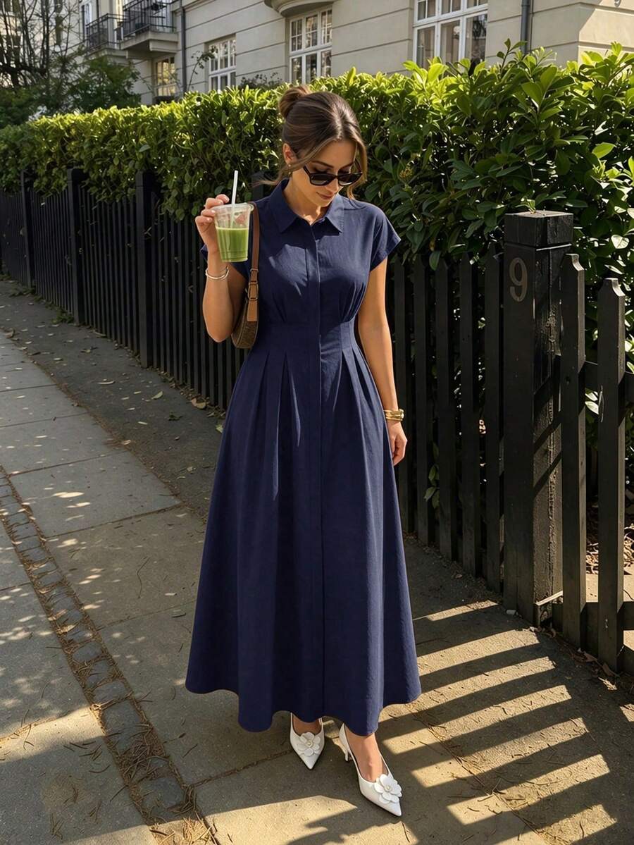 SUNSTORY 女款夏季優雅休閒波西米亞復古商務休閒度假極簡純色襯衫洋裝，前排鈕扣設計，口袋，開衩，高腰，修身，短袖長洋裝，適合日常、工作、度假、海灘、婚禮、派對、旅行、茶會、音樂節、返校季及其他場合