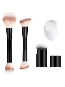 ronshadow 2pcs Dual-Ended Multi-Function Makeup Brushes + Short Retractable Blush Brush With Makeup Sponge 4-Piece Set, Powder Brush, Angled Blush & Foundation Brush, Retractable Portable Foundation Brush, Full Face Base Makeup & Color Makeup Tools - Multicolor - View 12