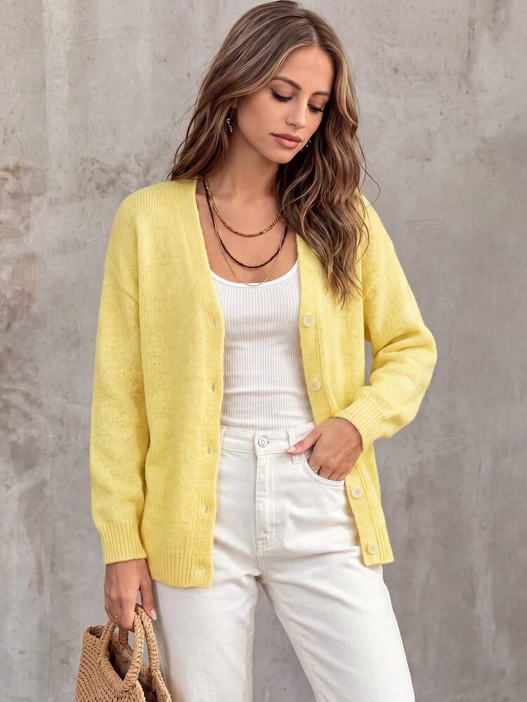 Women's Early Fall V-Neck Solid Color Soft Lazy Loose Single-Breasted Long Sleeve Knit Cardigan Daily Tea Time Commute Outing Layering Versatile Basic - Yellow - View 2