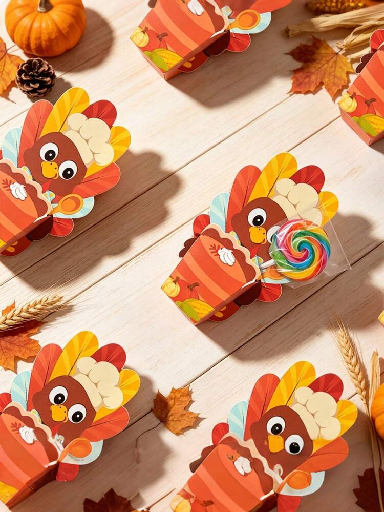 24sets(24 Cards+24 Boxes) Turkey Shaped Gift Boxes Turkey Pumpkin Pattern Paper Gift Packaging Box Cartoon Thanksgiving Harvest Theme Treat Boxes For Fall Thanksgiving Day Party Favors - Multicolor - View 8