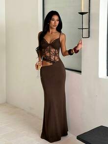 Summer, Elegant Party Dress, Sexy Lace Patchwork Beach Dress, Women's Vacation Wear, Wedding, Birthday, Festival, Back To School - Brown - View 3