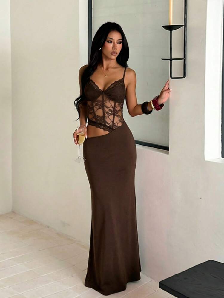 Summer, Elegant Party Dress, Sexy Lace Patchwork Beach Dress, Women's Vacation Wear, Wedding, Birthday, Festival, Back To School - Brown - View 3