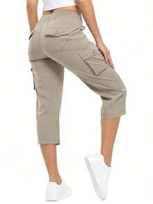 Womens Crop Cargo Pants Capri Pants Lightweight Quick Dry Stretch Tapered Hiking Trousers Casual Elastic Waist Utility Pants With Pockets - Dark Grey - View 3
