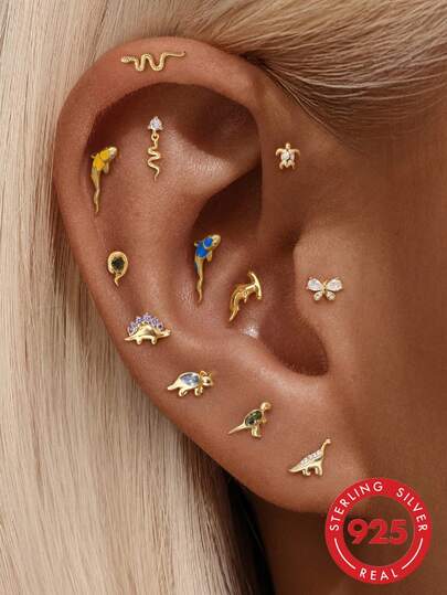 925 Sterling Silver Women's Stud Earrings, 18K Gold Plated Cute Animal Design Cartilage Earrings, Hypoallergenic Jewelry, Daily Wear, Birthday Gift