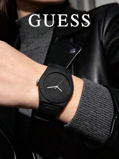 GUESS W0979L6 Baby Blue One-Piece Silicone Women's Quartz Watch, Embossed Inverted Triangle Brand Logo, 42mm Large Dial, Macaron Solid Color Casual Unisex Student Wristwatch, Birthday Gift
