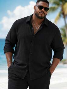 Manfinity Men Plus Size Men's Solid Black Textured Long Sleeve Button-Down Shirt - Black - View 6