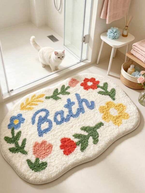 1pc Winter Plush Floral Bathroom Decor Rug, Bathroom Mat, Bathroom Carpet, Autumn/Winter Thickened Carpet, Door Mat, Carpet, Floor Mat, Area Rug, Bedroom Carpet