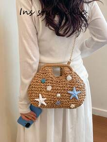 Beach Woven Handbag, Starfish Shell Pearl Decorated Rattan Handle Bag, With Detachable Metal Chain Shoulder Strap, Suitable For Summer Vacation - Khaki - View 3