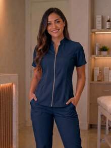 Blusa enfermagem e estética ziper - Azul Marinho - Visão 1