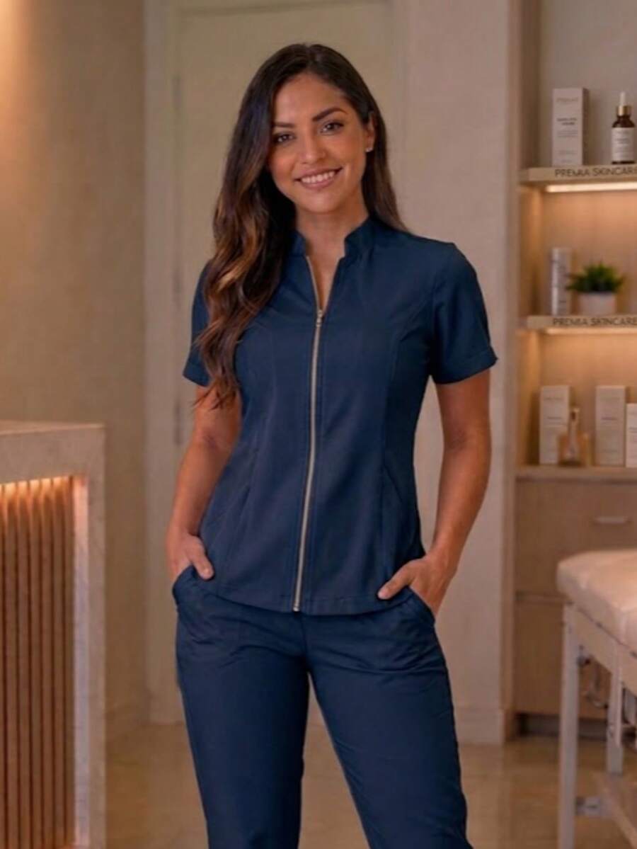 Blusa enfermagem e estética ziper - Azul Marinho - Visão 1